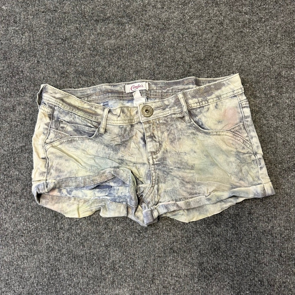 Candie's Shorts Womens Size 3 Purple Yellow Acid Wash Denim Cuffed Stretch Boho